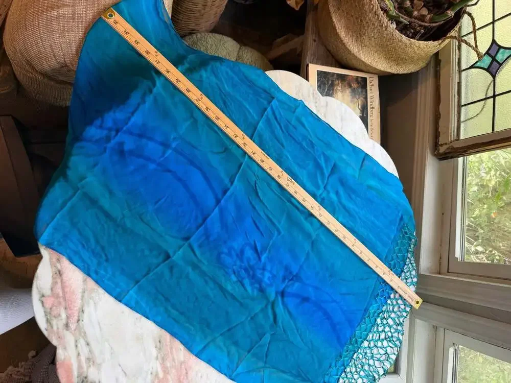 Blue Ombre 100% Silk Scarf with Crochet Fishnet Fringe